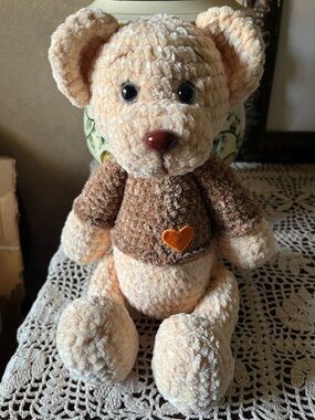 Handmade crochet Plush Teddy Bear with Brown Sweater and Heart Patch 12” new